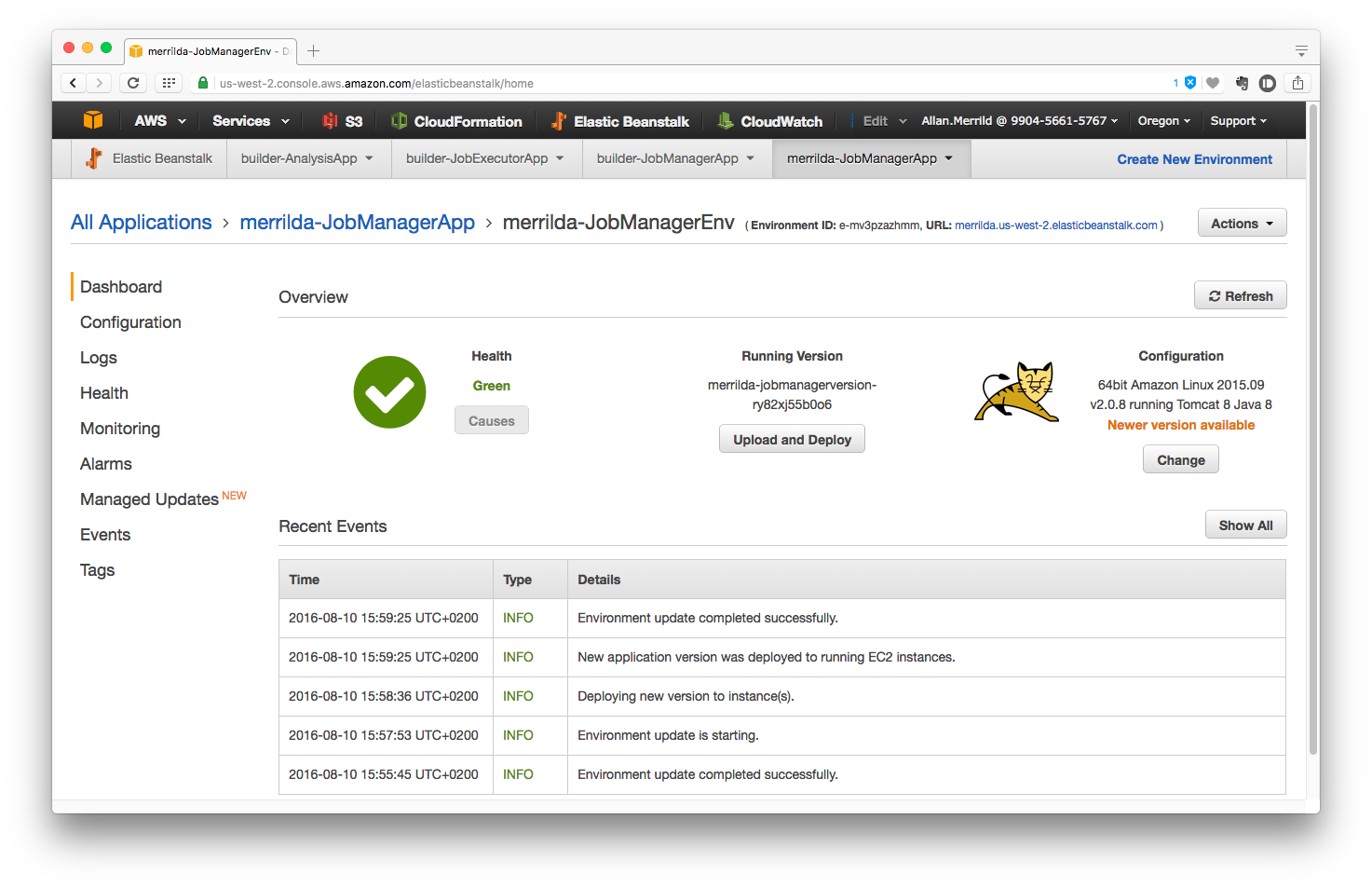 Elastic Beanstalk Management Console, Showing application