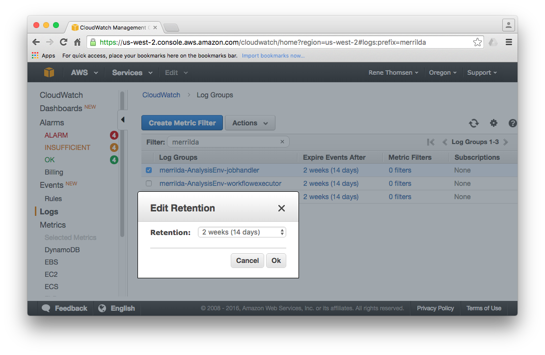 Log retention can be changed for each log group individually.