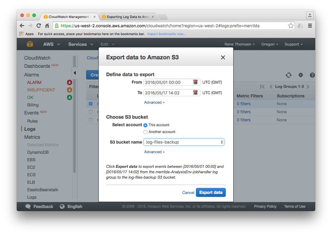 Using CloudWatch to export selected logs within a given timeframe to S3.