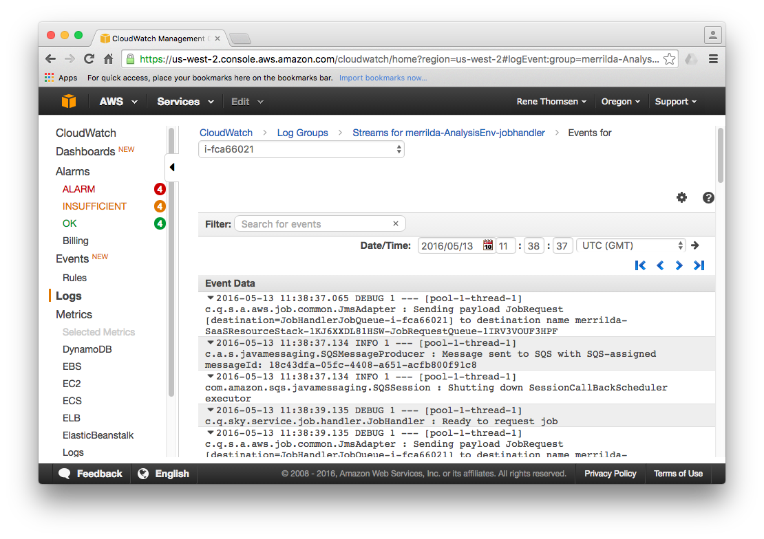 Detailed log information for a selected instance.
