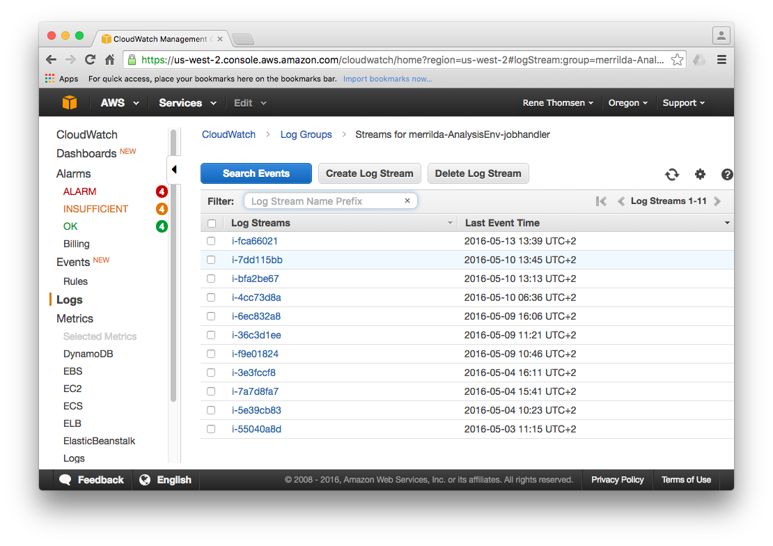 Log streams available for a number of Job Handler instances.